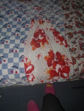 Floral Halter Maxi Dress - White with Red & Orange Blooms